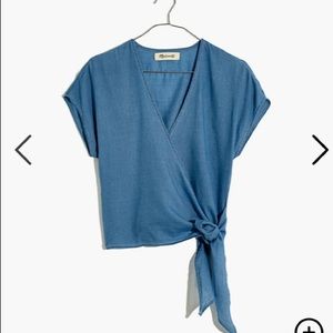 Denim Short-Sleeve Wrap Top in Faded Indigo